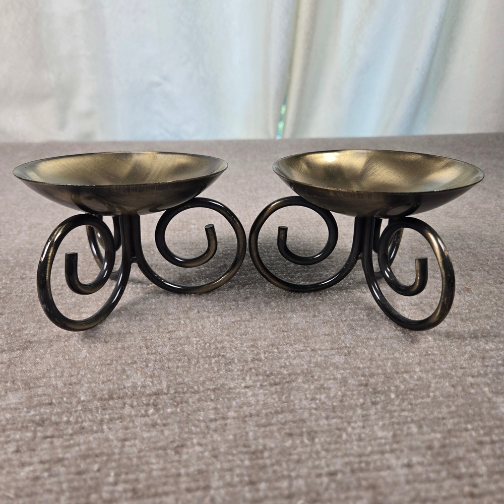 Set of 2 Bronze Gold Scroll Metal Pillar Candle Holders Brushed Finish 3.5in - Picture 1 of 6